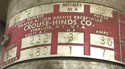 Used Crouse Hinds OEH 613 Model M-4 Delayed Action Receptacle, 230/460VAC, 3HP, 30A