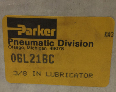 New – Open box In Box Parker 06L21BC Pneumatic Lubricator, Inlet Max: 150PSIG, 3/8" NPT