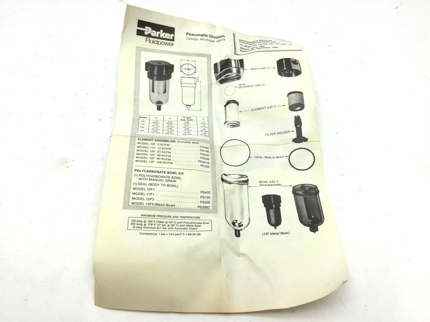 New – Open box Lot of 2 New Parker PS245 Pneumatic Filter Element Model 12F, 20 SCFM