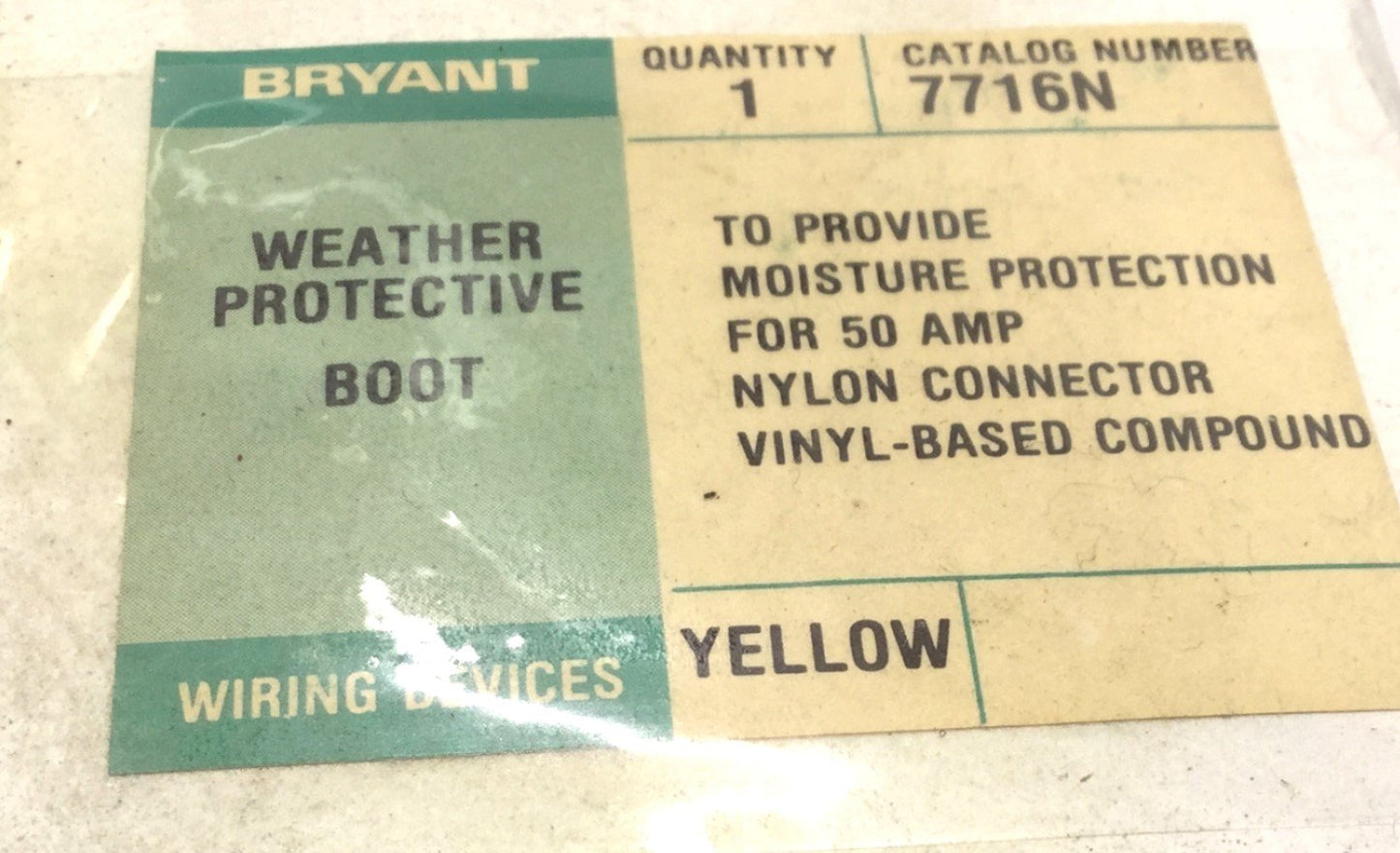New – Open box In Box Bryant 7716N Weather Protective Boot For 50A Nylon Connector Vinyl-Based