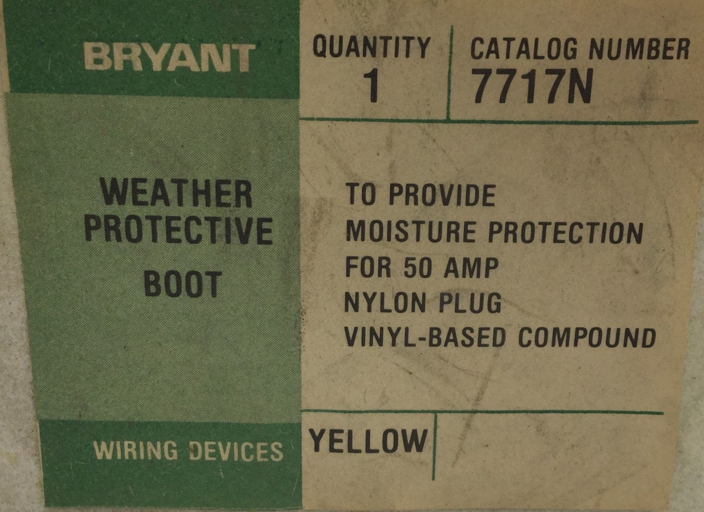 New – Open box In Box Bryant 7717N Weather Protective Boot For 50A Nylon Connector Vinyl-Based