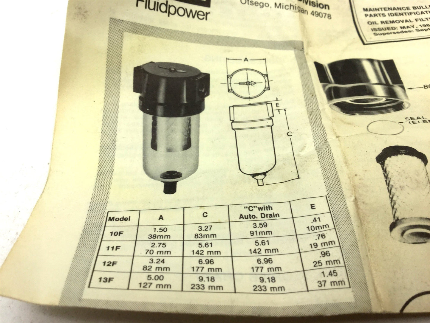 New – Open box Parker PS146 Pneumatic Filter Element Model 11F, 12SCFM