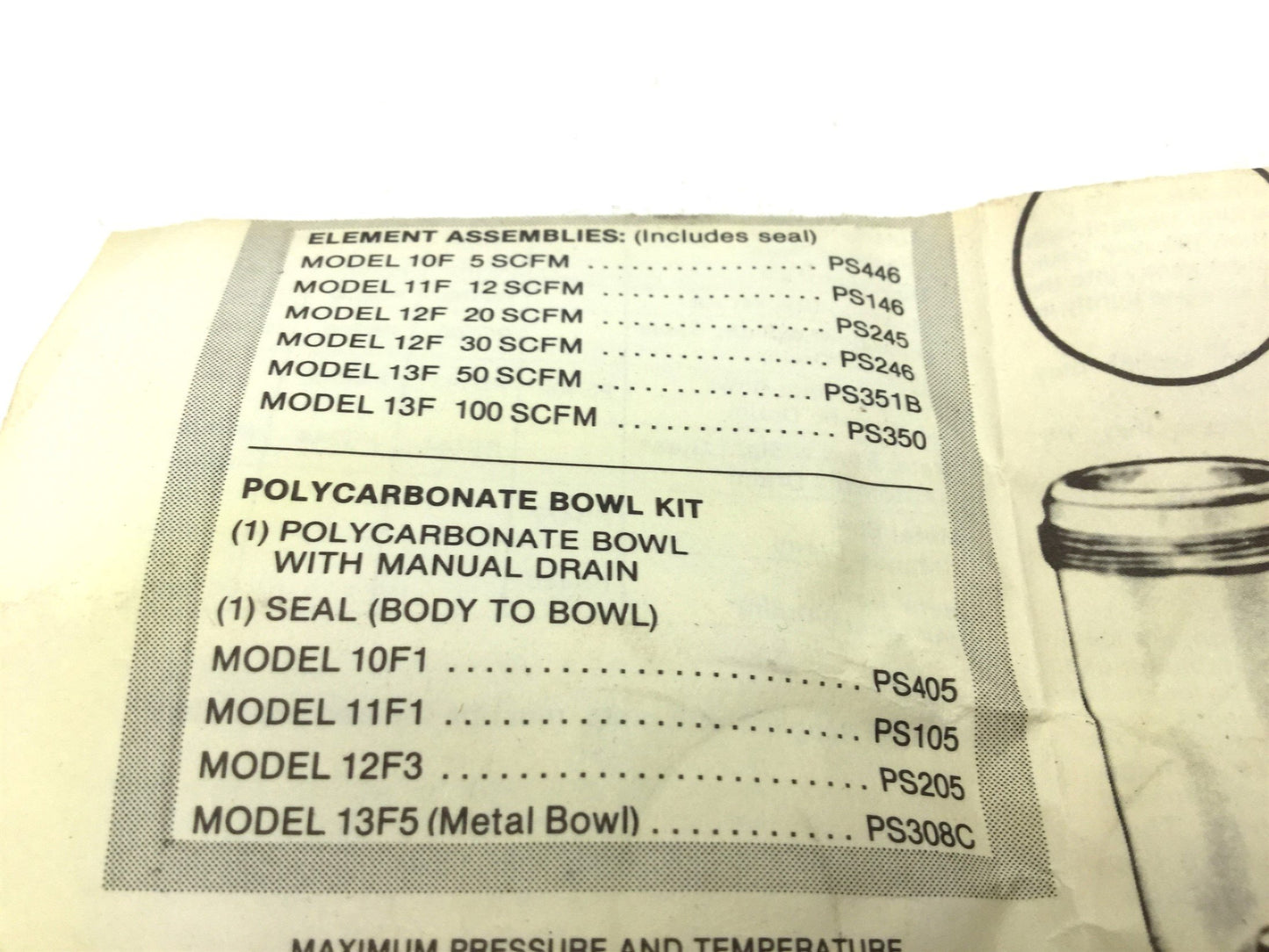 New – Open box Parker PS146 Pneumatic Filter Element Model 11F, 12SCFM