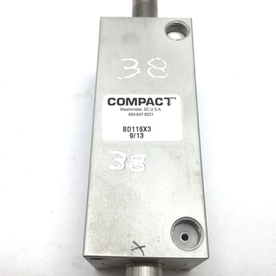 Used Compact BD118X3 Pneumatic Cylinder, Bore 1.125", Stroke 3", Ports 1/8" NPT
