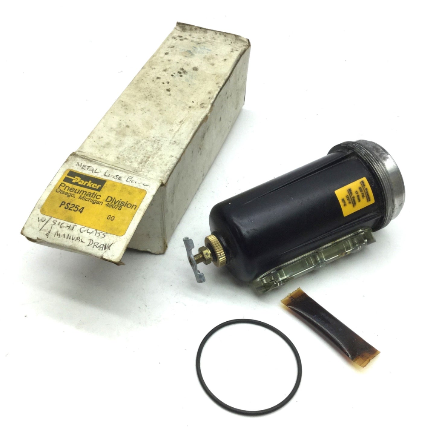 New – Open box Parker PS254 Pneumatic Metal Bowl With Sight Gauge, 250 PSI Max, Twist Drain