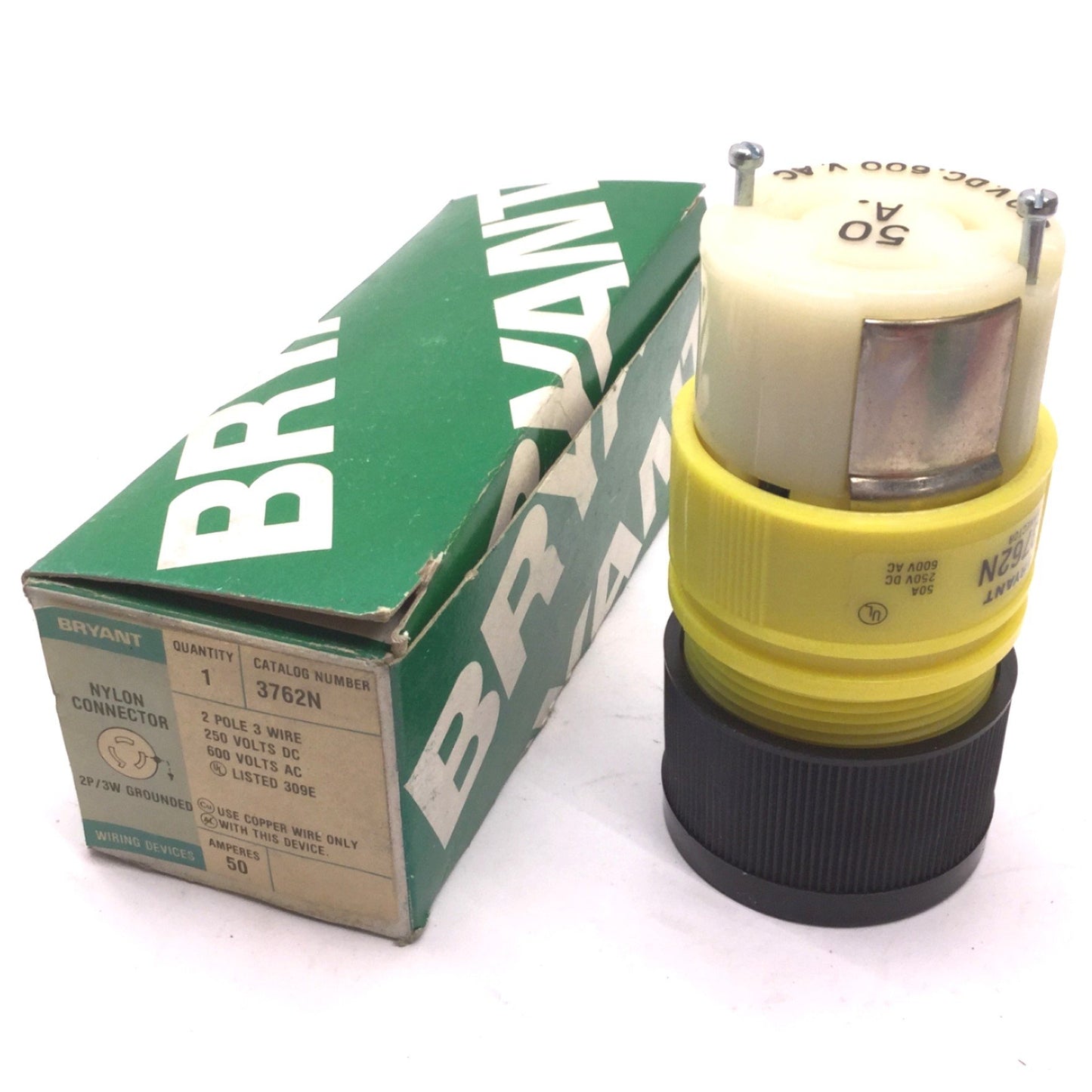 New – Open box Bryant 3762N Nylon Connector 2-Pole 3-Wire 250VDC, 600VAC, 50A, 2P/3W Grounded