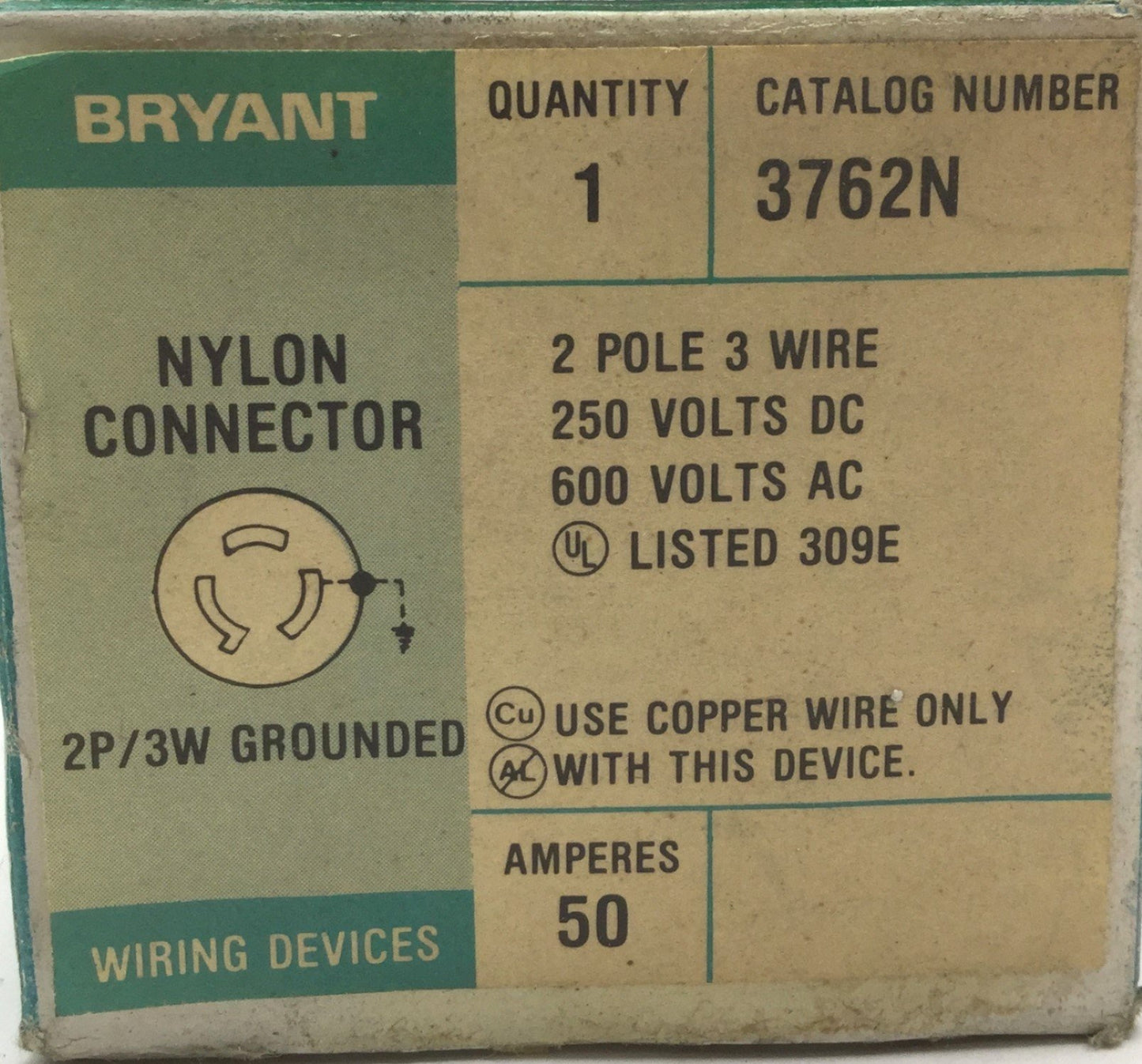 New – Open box Bryant 3762N Nylon Connector 2-Pole 3-Wire 250VDC, 600VAC, 50A, 2P/3W Grounded