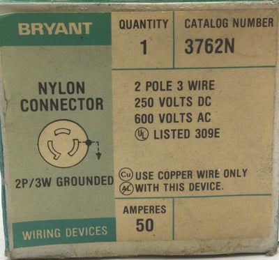 New – Open box Bryant 3762N Nylon Connector 2-Pole 3-Wire 250VDC, 600VAC, 50A, 2P/3W Grounded