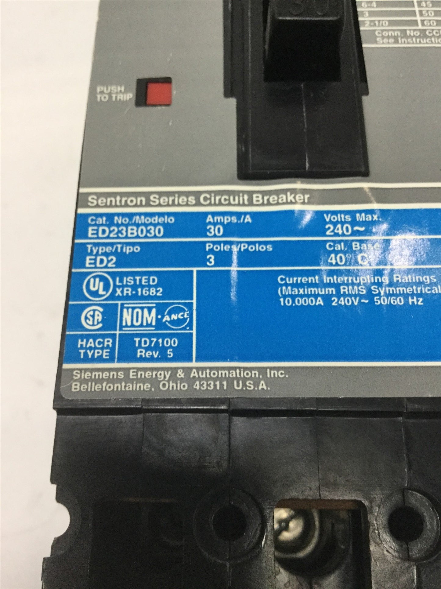 Used Siemens ED23B030 I-T-E 3-Pole Sentron Molded Case Circuit Breaker, 30A, 240VAC