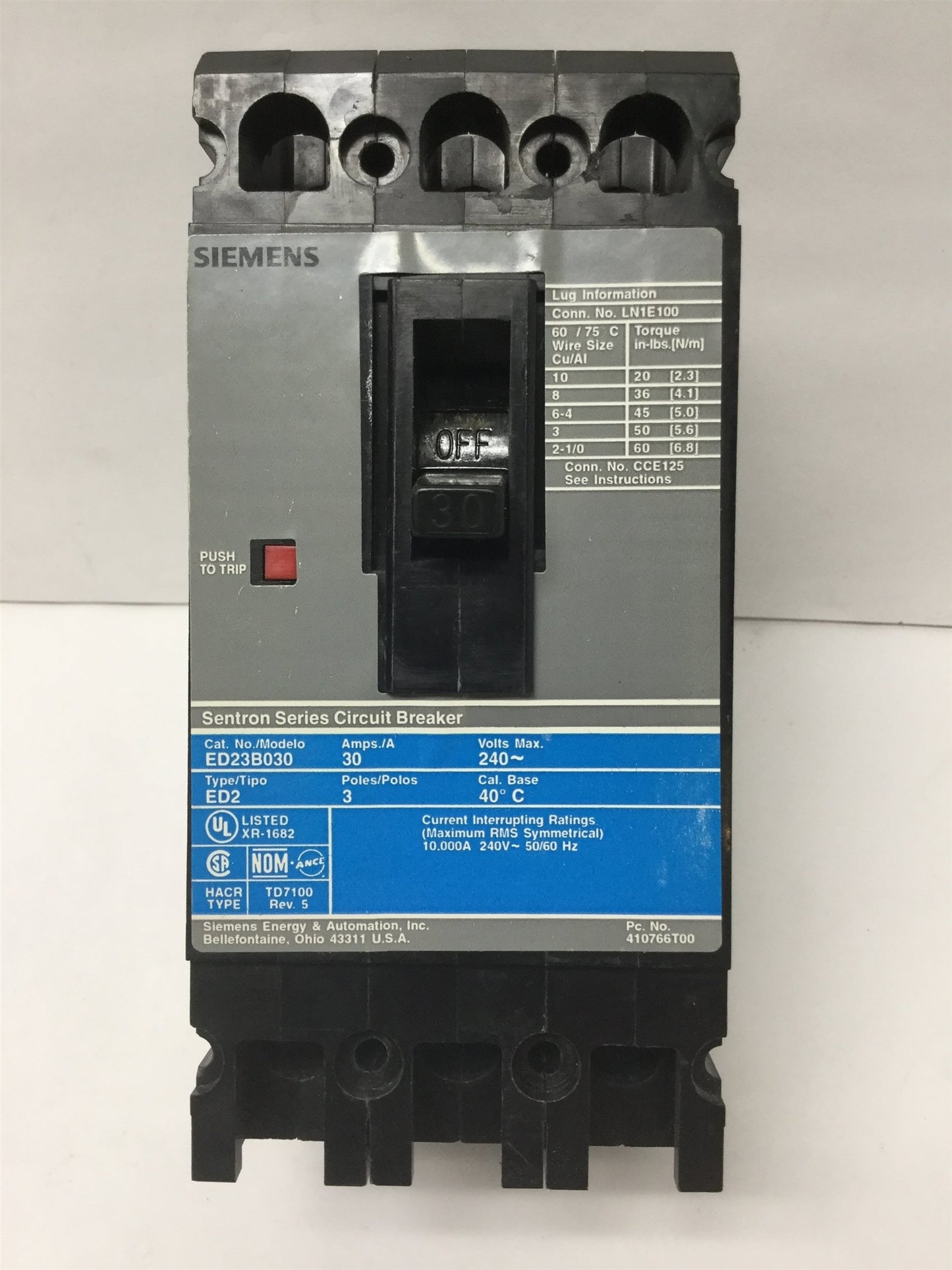 Used Siemens ED23B030 I-T-E 3-Pole Sentron Molded Case Circuit Breaker, 30A, 240VAC