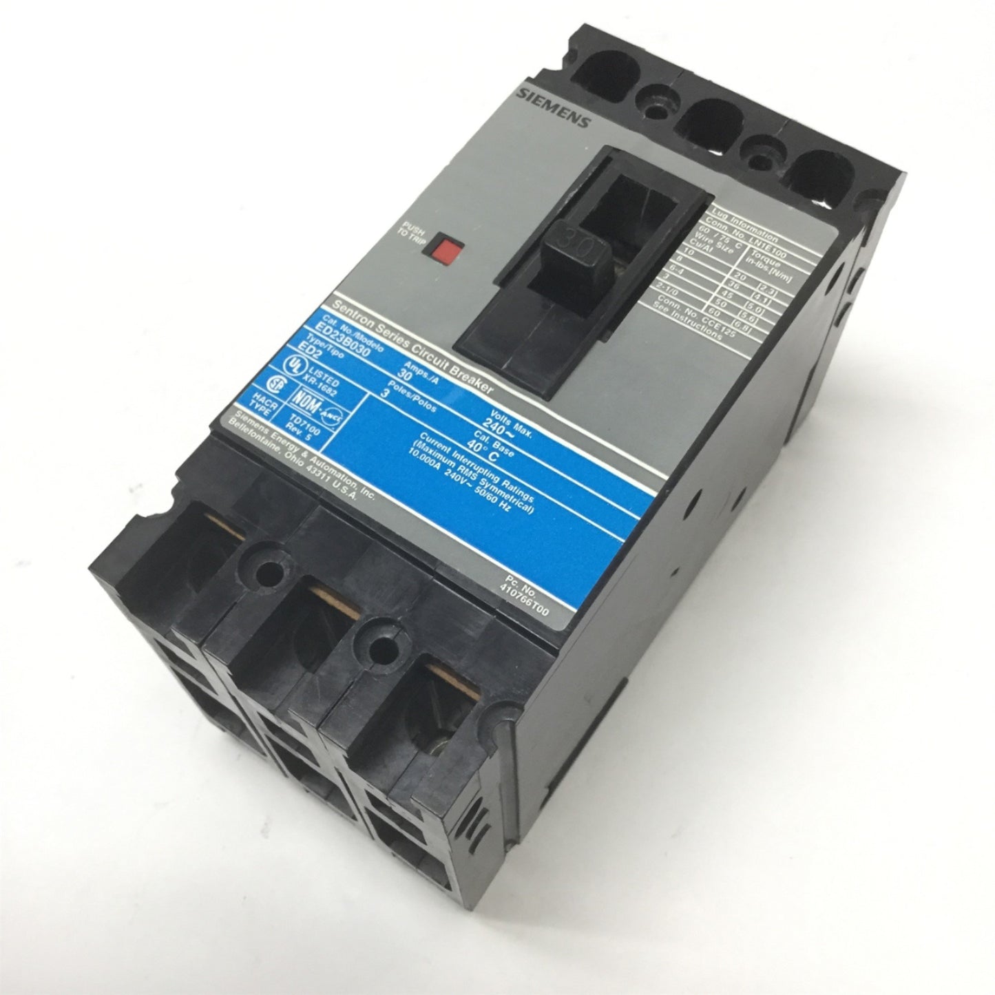 Used Siemens ED23B030 I-T-E 3-Pole Sentron Molded Case Circuit Breaker, 30A, 240VAC