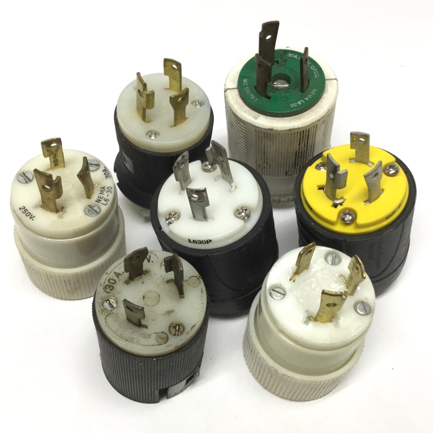 Used Lot of 7 Twist-Lock Turn and Pull Plugs, Male, 30A, 250V 2-Pole 1-Ground