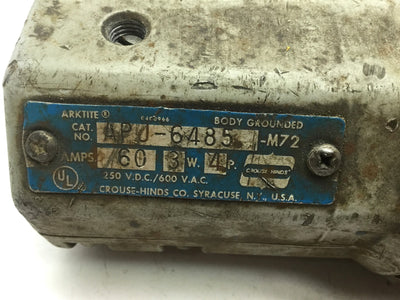Used Arktite APJ-6485-M72 Haz Loc Male Plug, 60A 250 VDC 600 VAC 3-Wire 4-Pole
