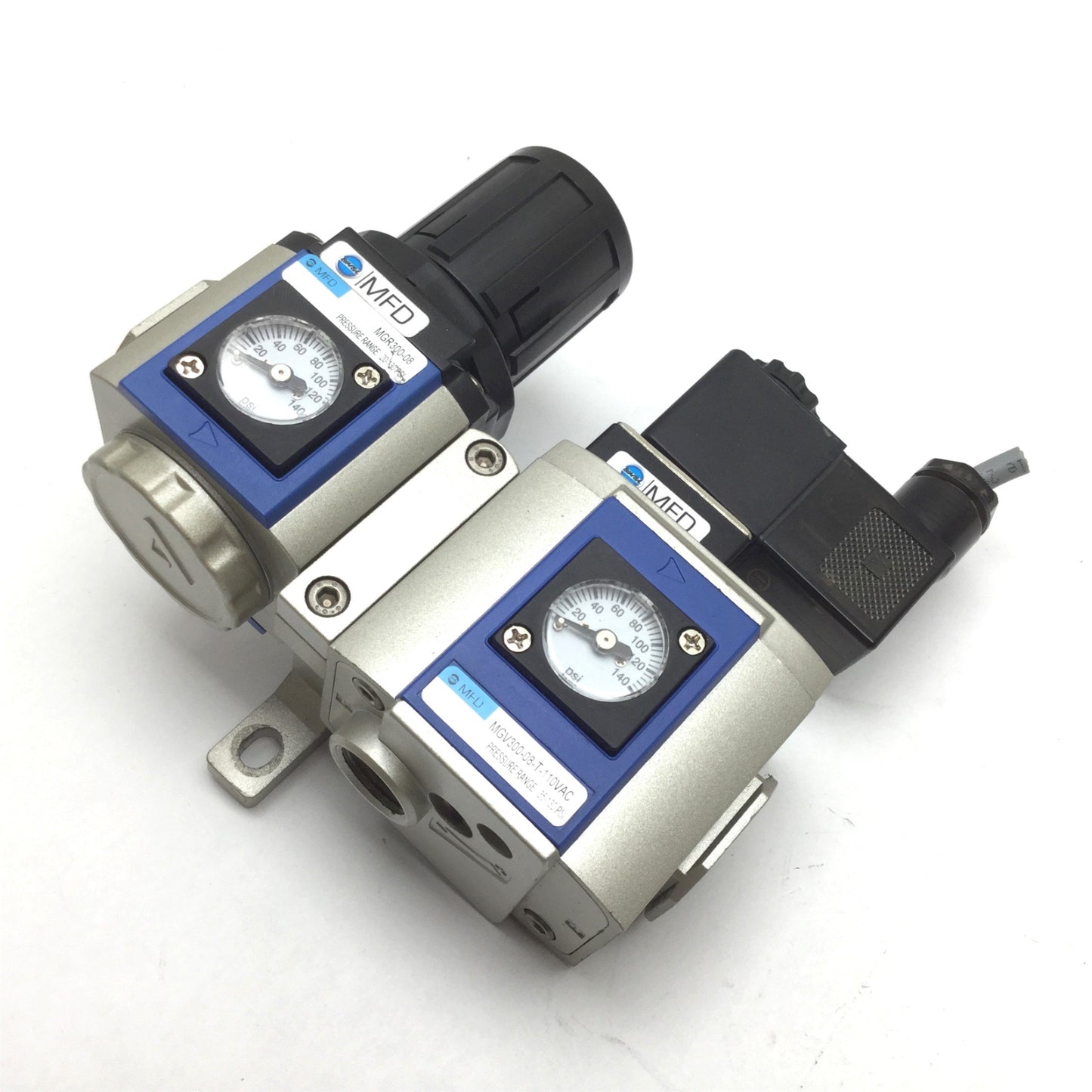 Used Bimba MGR300-08 Regulator with MGV300-08 Soft-Start Dump Valve, 1/4" NPT, 110VAC