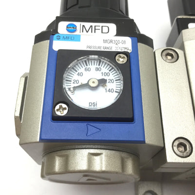 Used Bimba MGR300-08 Regulator with MGV300-08 Soft-Start Dump Valve, 1/4" NPT, 110VAC