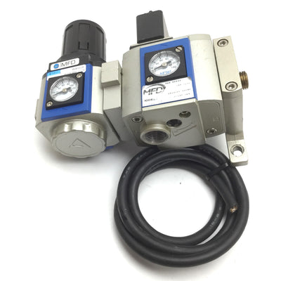 Used Bimba MGR300-08 Regulator with MGV300-08 Soft-Start Dump Valve, 1/4" NPT, 110VAC