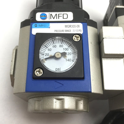 Used Bimba MGR300-08 Regulator with MGV300-08 Soft-Start Dump Valve, 1/4" NPT, 110VAC