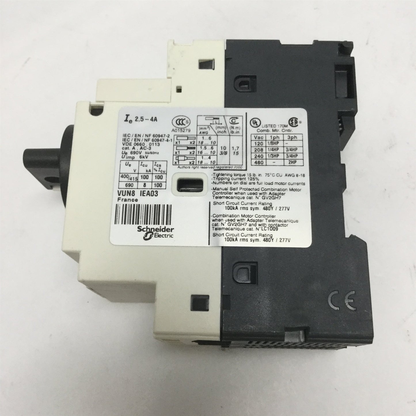 Used Telemecanique GV2-P08H7/ 2.5-4A Manual Motor Starter Circuit Breaker 3-Pole