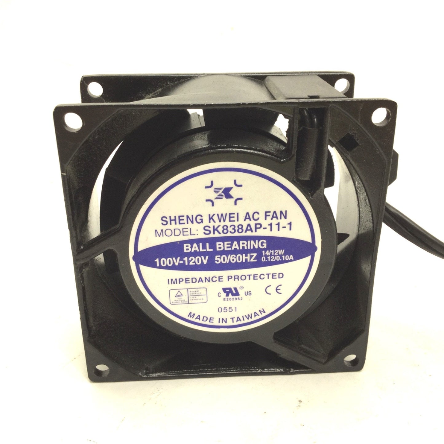 Used Sheng Kwei SK838AP-11-1 Ball Bearing AC Fan, 100-120V, 50/60Hz, 3.125" x 3.125"