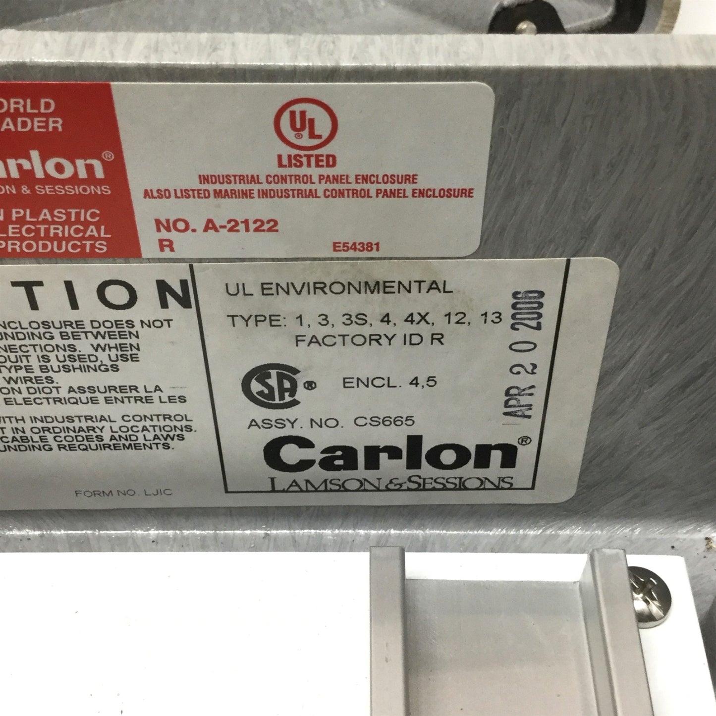 Used Carlon CS665 Circuit Safe Rain Tight JIC Enclosure Box Polycarbonate 6"x6"x5"