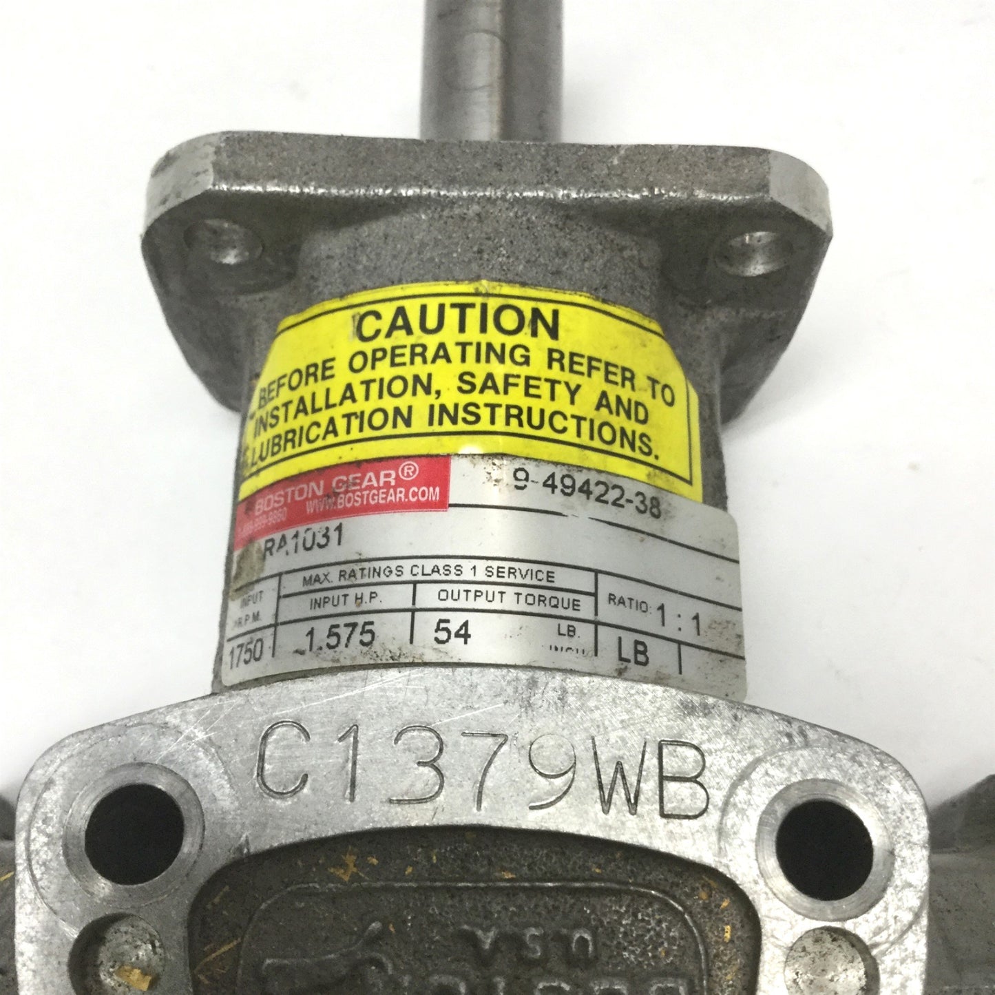Used Boston RA1031 Gear Box Drive 3-Way, 1:1 Ratio, 5/8" Shafts, 1750RPM, 54 lb-in
