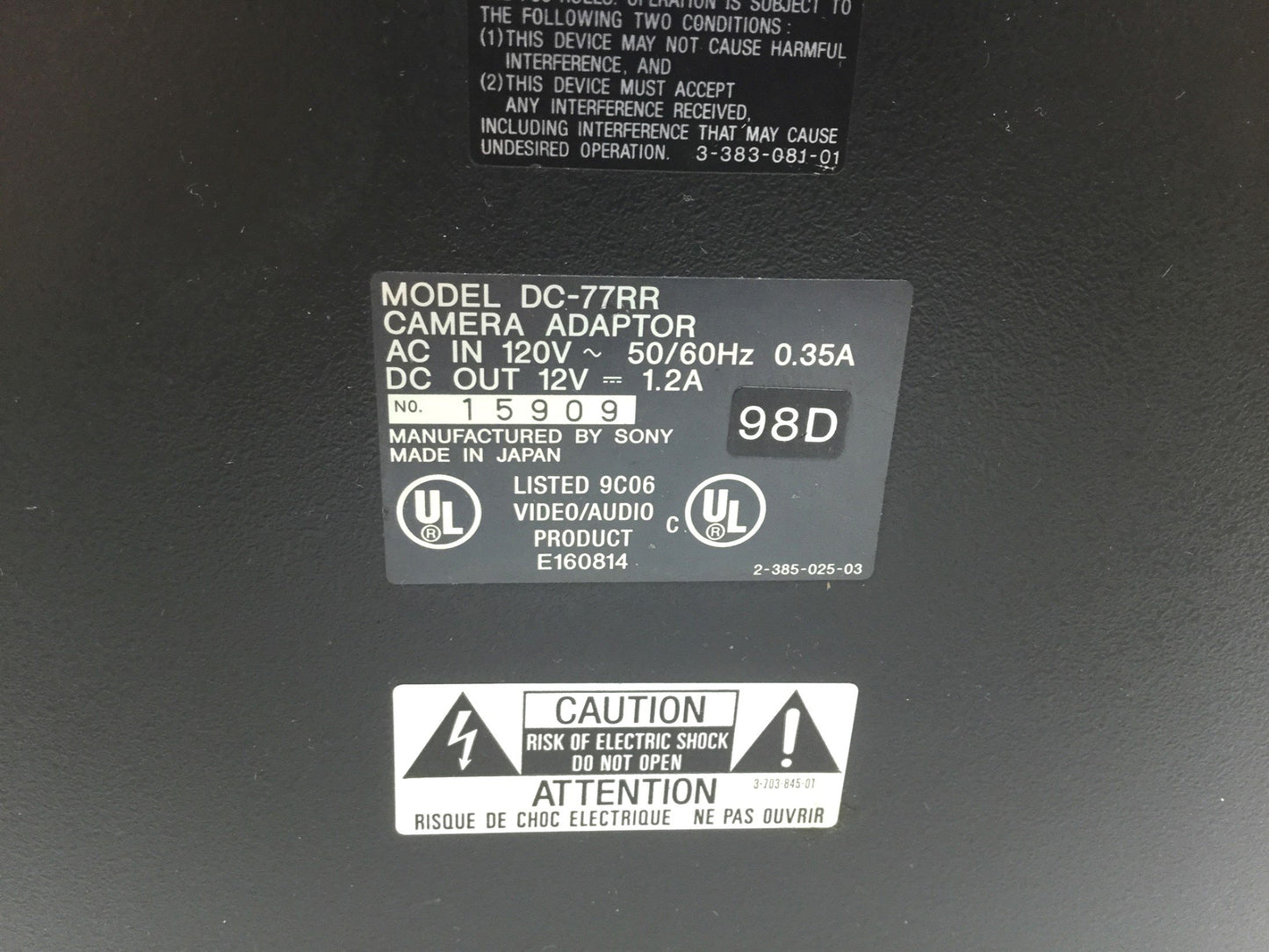 Used Sony DC-77RR Camera Adaptor Power Supply CCD, AC IN: 120V, DC Out: 12V 1.2A