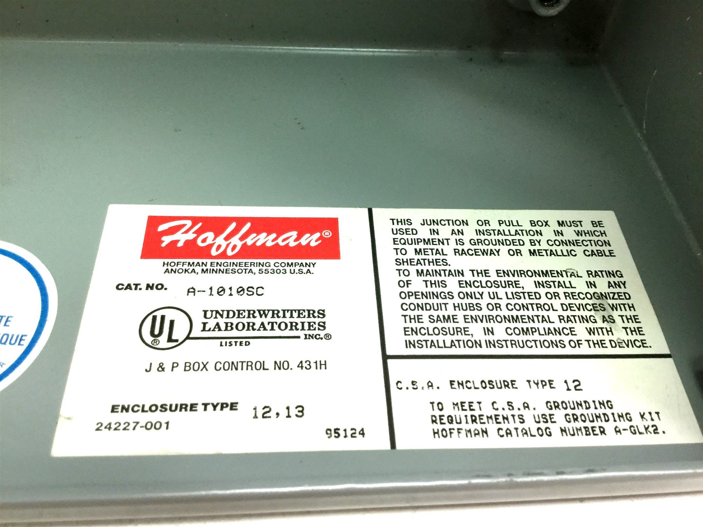 Used Hoffman A-1010SC Electrical Enclosure, Dimensions: 10" x 10" x 4", *Holes*