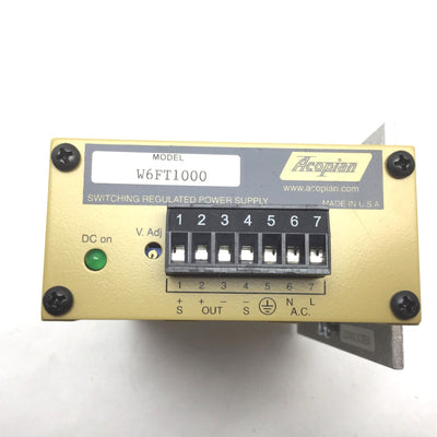 Used Acopian W6FT1000 Power Supply, Input: 90-132V, Output: 6V 10A, DIN Rail Mount