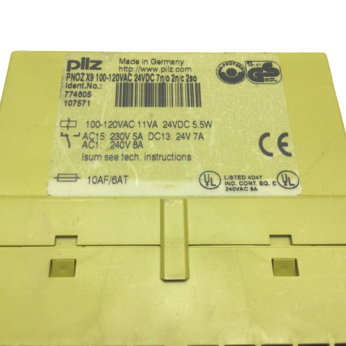 Used Pilz PNOZ X9 E-Stop Relay, 100-120VAC/24VDC, 11VA, 5.5W, 50-60Hz, 7 N.O. 2 N.C.