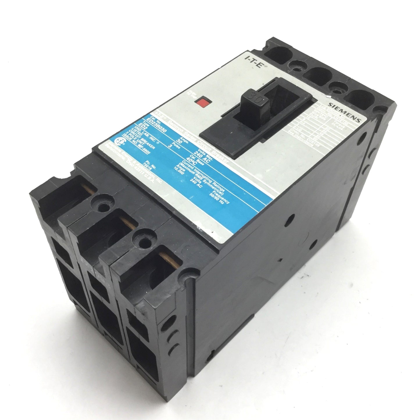 Used Siemens ED23B030 I-T-E Sentron Circuit Breaker 3-Pole, 30A 240VAC *Missing a Lug