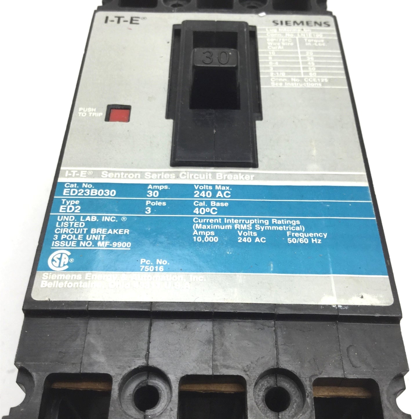 Used Siemens ED23B030 I-T-E Sentron Circuit Breaker 3-Pole, 30A 240VAC *Missing a Lug