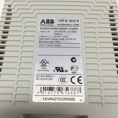 Used ABB CP-E 24/2.5 Switch Mode Power Supply 100-240VAC Input, 24VDC 2.5A Output