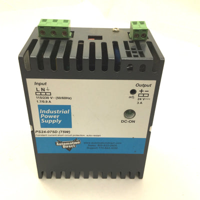 Used Automation Direct PS24-075D Power Supply, In: 115/230VAC, Out: 24VDC 3A 75W
