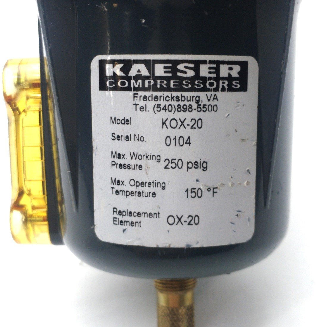 Used Kaeser Compressors KOX-20 Compressed Air Filter, 250PSI MAX, 1/2"NPT, w/Filter