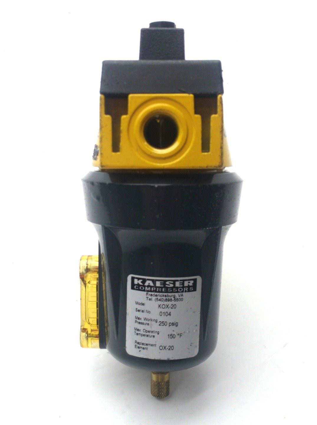 Used Kaeser Compressors KOX-20 Compressed Air Filter, 250PSI MAX, 1/2"NPT, w/Filter