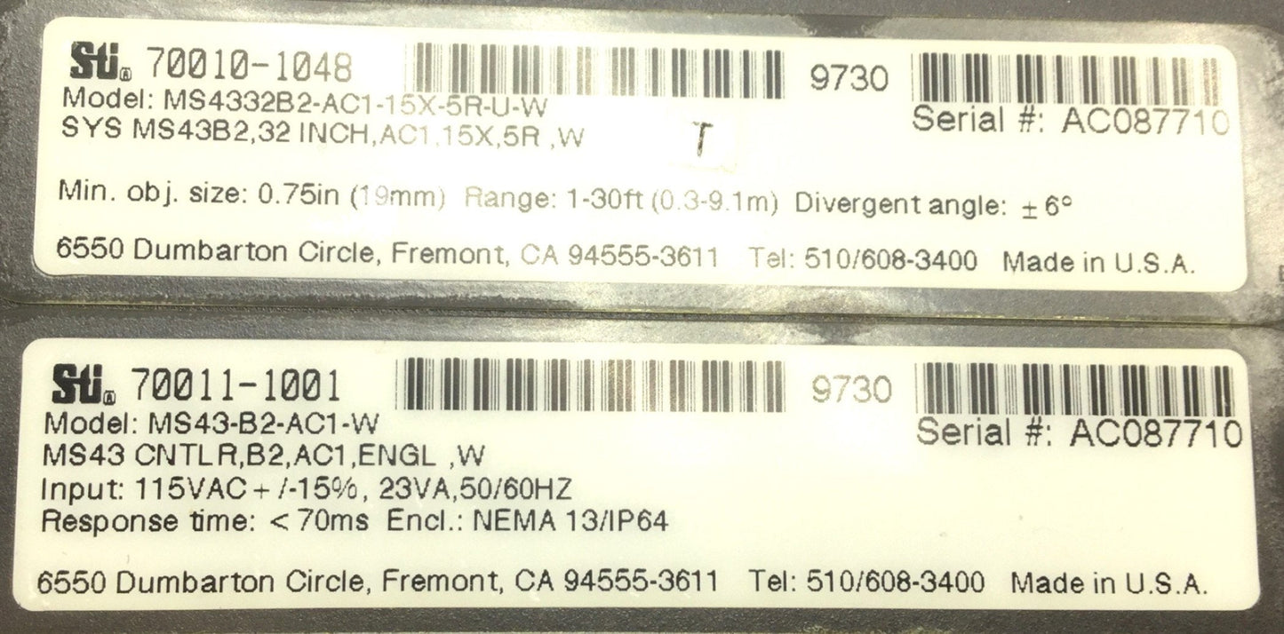 Used STI MiniSafe-B/FlexSafe 4300B-2 MS43-B2-AC1-W Light Curtain Controller w/Cables