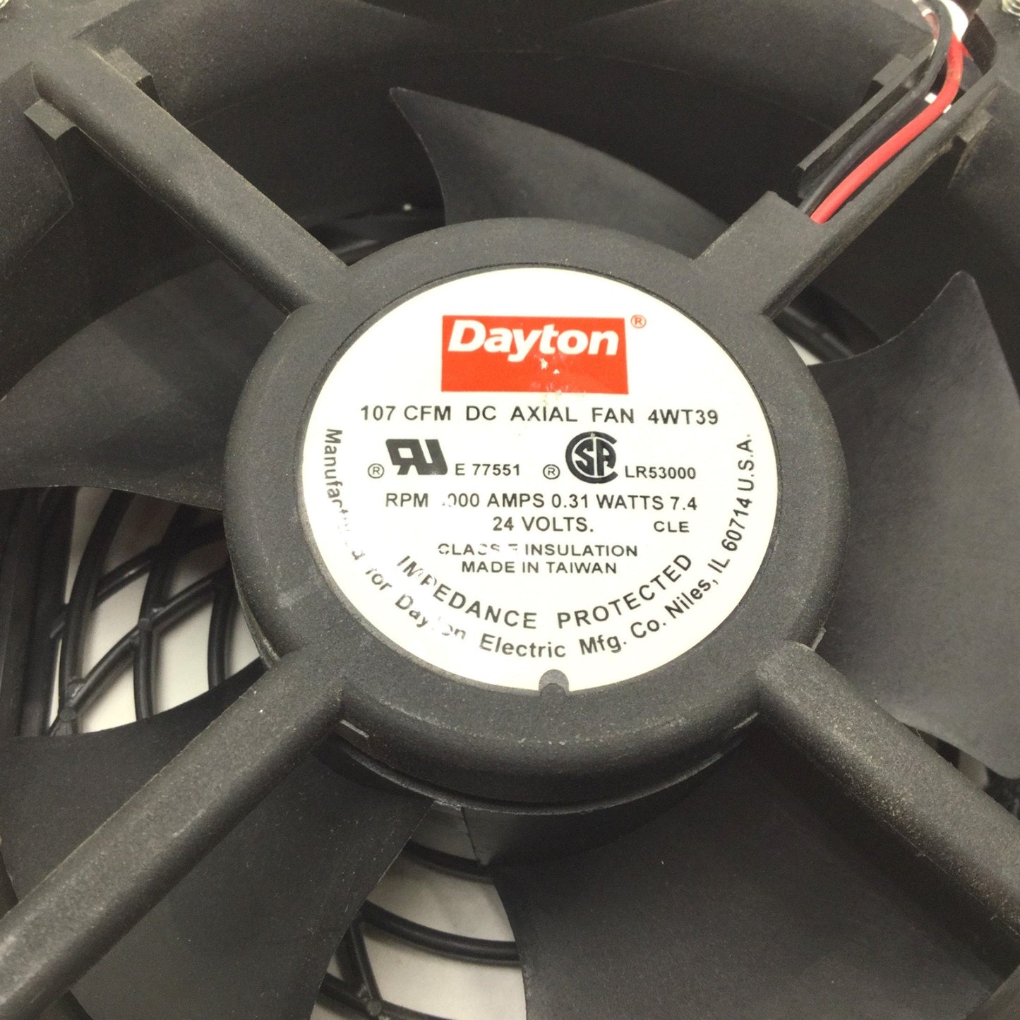 Used Dayton 4WT39 Axial Fan, Width and Height: 120mm, 24VDC, 0.31A, 3000 RPM, 107 CFM