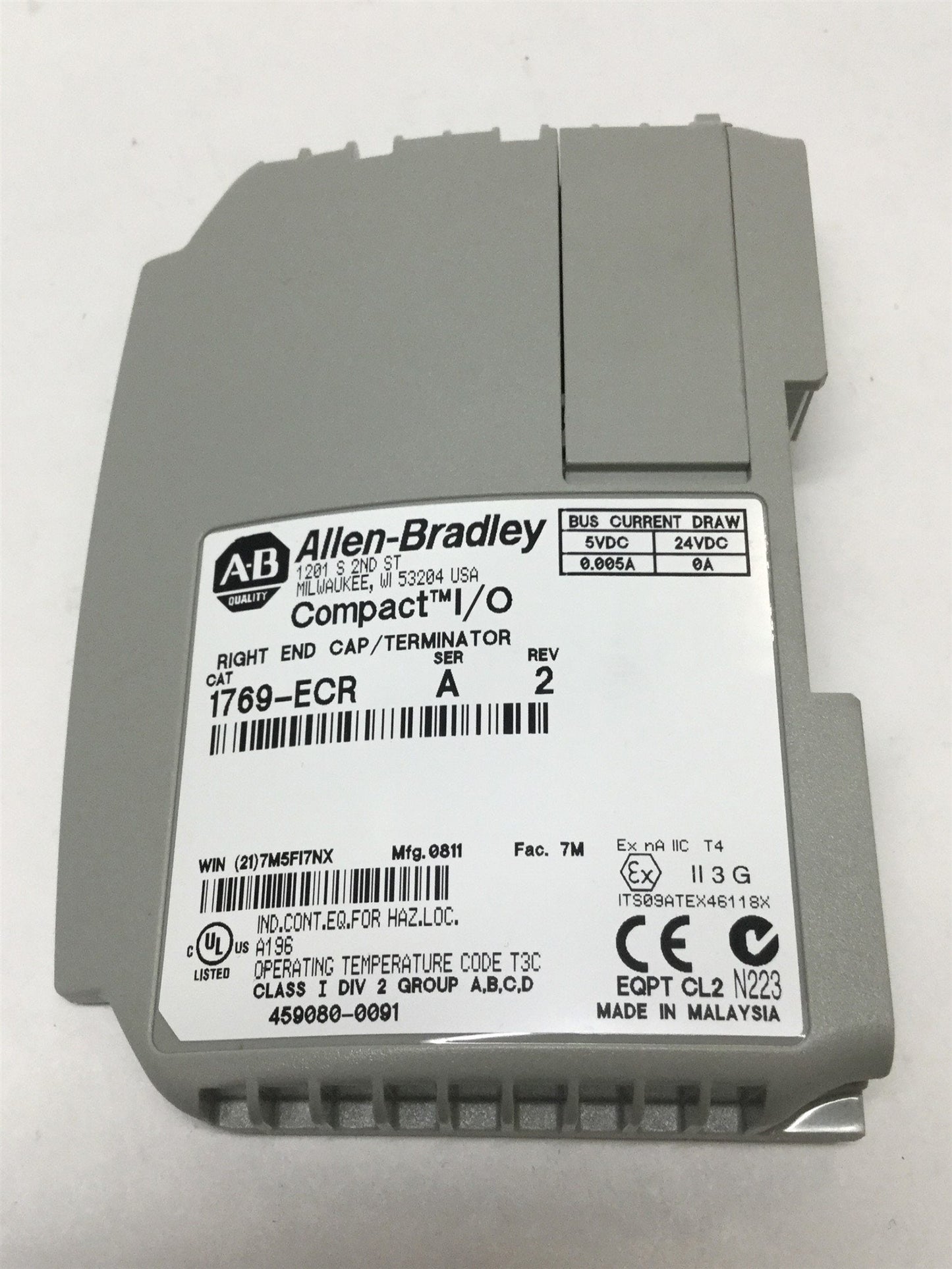 Used Allen Bradley 1769-ECR MicroLogix1500 Compact Right End Cap Cover, Ser A Rev 2