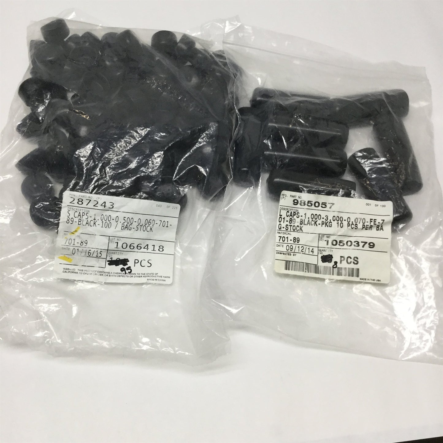 New – Open box StockCap Black Plastic Caps 701-89, 1" ID, (8x) 985057 3"L & (95x) 287243 1/2"L