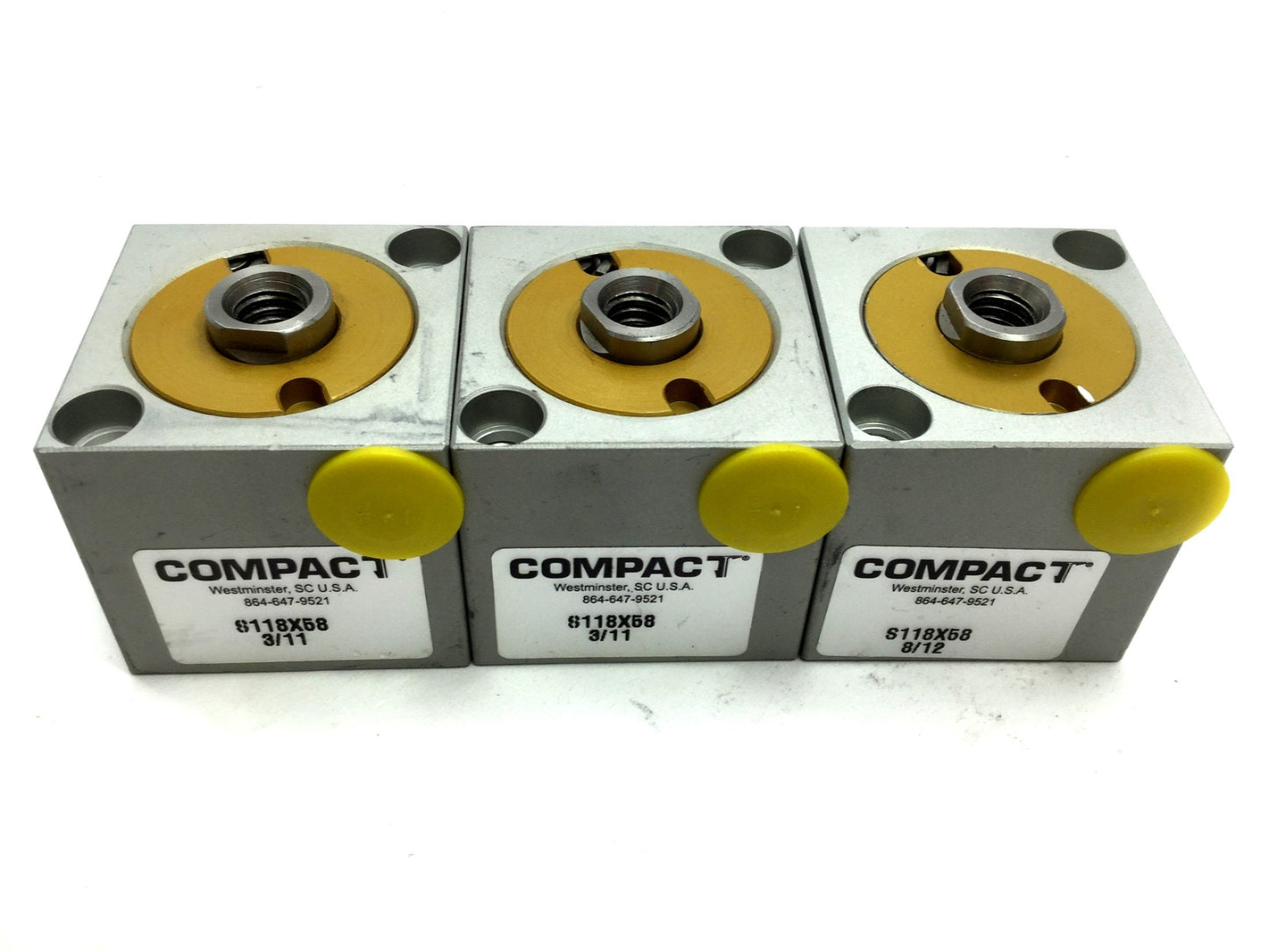 Used Lot of 3 Compact S118X58 Pneumatic Cylinder, Bore 1.125", Stroke 0.625", 1/8 NPT