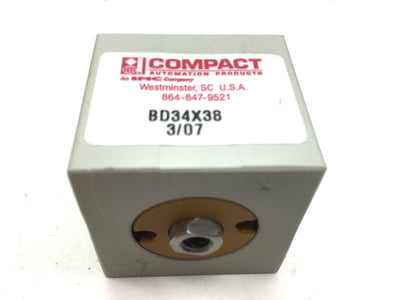 Used Compact BD34X38 Pneumatic Double Rod Cylinder Travel 0.375" Bore 3/4" 10-32 UNF