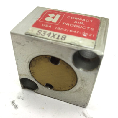 Used Compact S34X18 Pneumatic Cylinder, 10-32UNF, Bore 0.75", Travel 0.125"