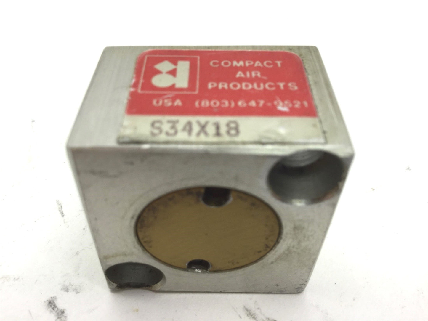 Used Compact S34X18 Pneumatic Cylinder, 10-32UNF, Bore 0.75", Travel 0.125"