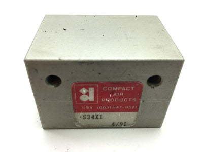 Used Compact S34X1 Pneumatic Cylinder, Ports: 10-32UNF, Bore: 0.75", Travel: 1"