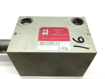 Used Compact BD118X112 Pneumatic Double Rod Cylinder Travel 1.5" 1/8" NPT Bore 1-1/8"