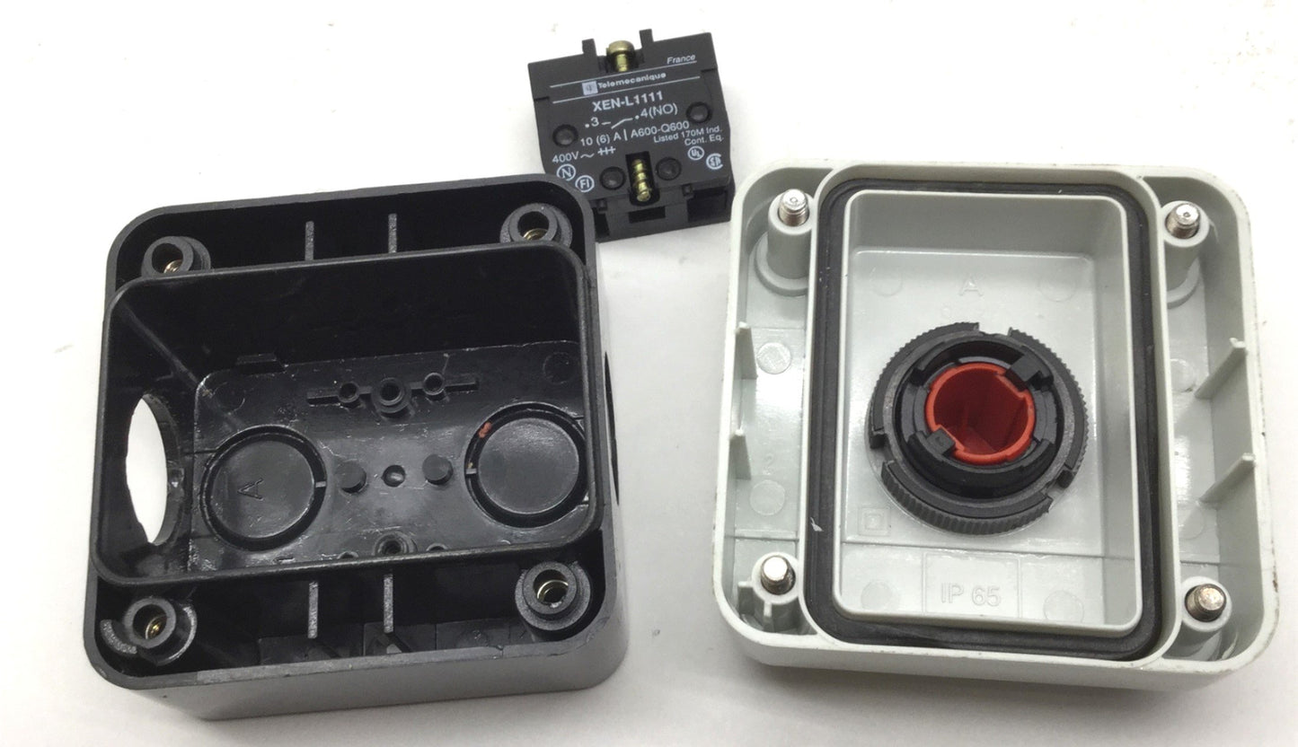 Used Telemecanique Pushbutton Push Switch With XEN-L1111 Contact Block, 2-5/8x2-5/8"