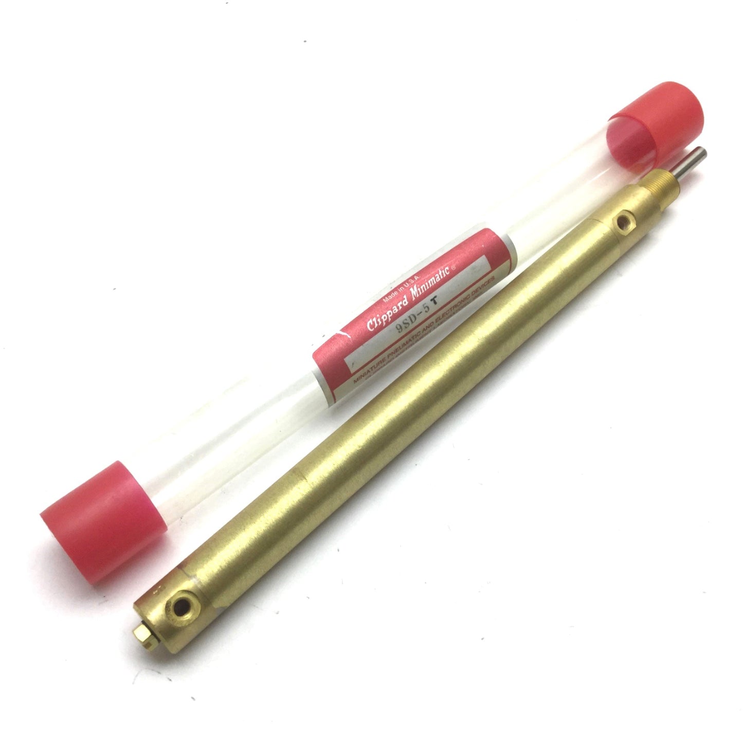 Used Clippard 9SD-5T Brass Cylinder, Bore: 9/16", Stroke: 5", Ports: 10-32, 125psi