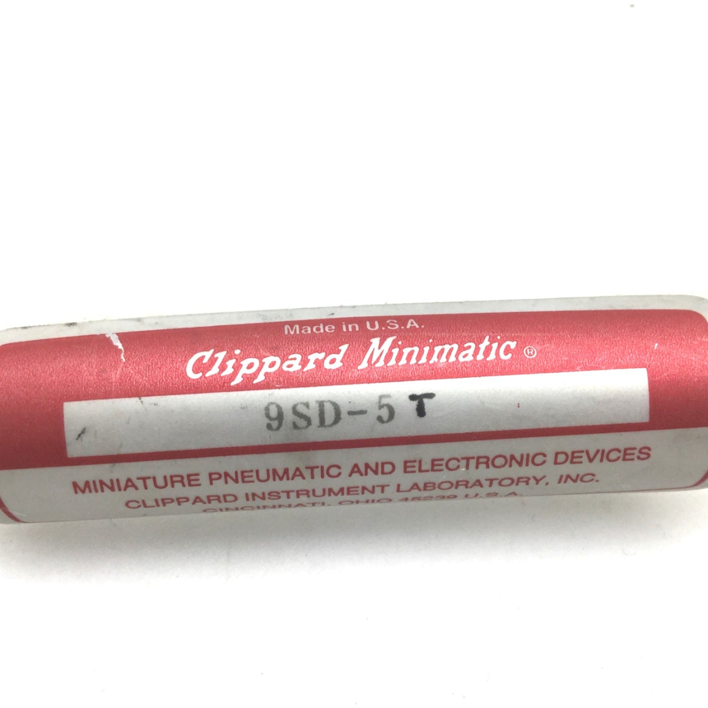 Used Clippard 9SD-5T Brass Cylinder, Bore: 9/16", Stroke: 5", Ports: 10-32, 125psi