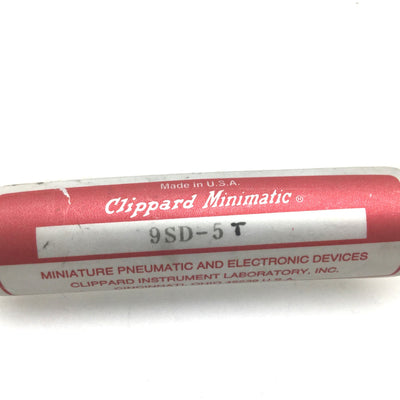 Used Clippard 9SD-5T Brass Cylinder, Bore: 9/16", Stroke: 5", Ports: 10-32, 125psi