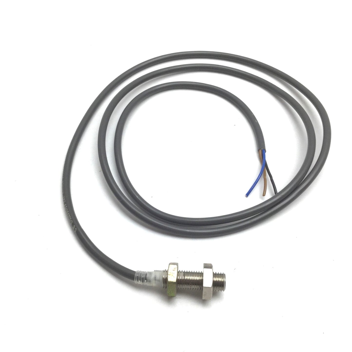 Used Omron E2E-X1R5E2 Proximity Sensor, Range: 1.5mm, Barrel: M8, 12-24VDC, 3' Cable
